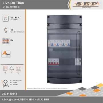 SEP Europe - Live-On Titan, LT42a-400400-B, 40A, 3-fase groepenkast, 4-lichtgroepen, 1-beltrafo, technische gegevens