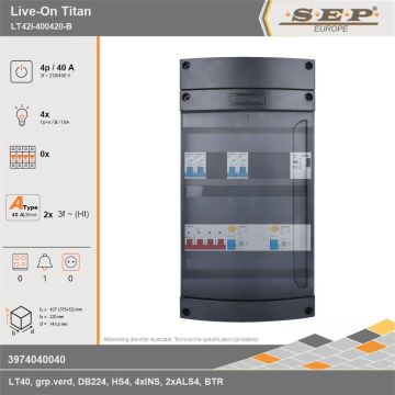 SEP Europe - Live-On Titan, LT42i-400420-B, 40A, 3-fase groepenkast, 4-lichtgroepen, 1-beltrafo, technische gegevens