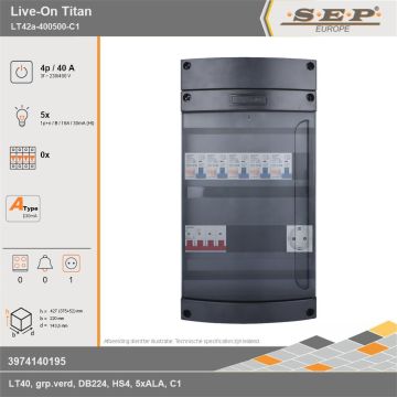 SEP Europe - Live-On Titan, LT42a-400500-C1, 40A, 3-fase groepenkast, 5-lichtgroepen,  1V-contactdoos, technische gegevens