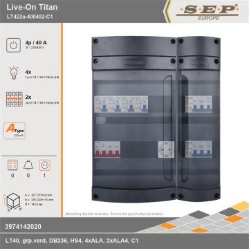 SEP Europe - Live-On Titan, LT422a-400402-C1, 40A, 3-fase groepenkast, 4-lichtgroepen, 2-krachtgroepen,  1V-contactdoos, technische gegevens