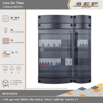 SEP Europe - Live-On Titan, LT422a-410401-FC1, 40A, 3-fase groepenkast, 4-lichtgroepen, 1-krachtgroepen, 1-fornuisgroep,  1V-contactdoos, technische gegevens