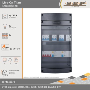 SEP Europe - Live-On Titan, LT42i-400520-FB, 40A, 3-fase groepenkast, 5-lichtgroepen, 1-fornuisgroep, 1-beltrafo, technische gegevens