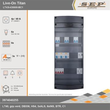 SEP Europe - Live-On Titan, LT43i-430600-BC1, 40A, 3-fase groepenkast, 6-lichtgroepen, 1-beltrafo,  1V-contactdoos, technische gegevens