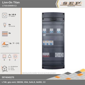 SEP Europe - Live-On Titan, LT43i-430600-C2, 40A, 3-fase groepenkast, 6-lichtgroepen,  2V-contactdoos, technische gegevens