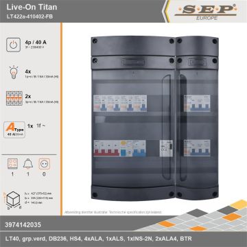 SEP Europe - Live-On Titan, LT422a-410402-FB, 40A, 3-fase groepenkast, 4-lichtgroepen, 2-krachtgroepen, 1-fornuisgroep, 1-beltrafo, technische gegevens