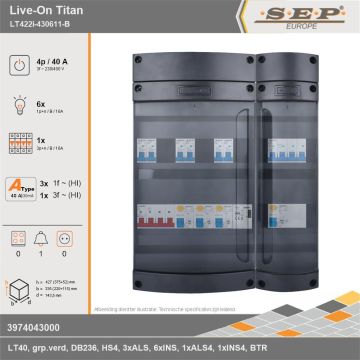 SEP Europe - Live-On Titan, LT422i-430611-B, 40A, 3-fase groepenkast, 6-lichtgroepen, 1-krachtgroepen, 1-beltrafo, technische gegevens
