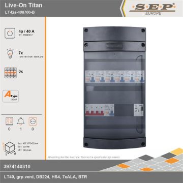 SEP Europe - Live-On Titan, LT42a-400700-B, 40A, 3-fase groepenkast, 7-lichtgroepen, 1-beltrafo, technische gegevens