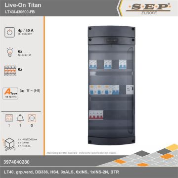 SEP Europe - Live-On Titan, LT43i-430600-FB, 40A, 3-fase groepenkast, 6-lichtgroepen, 1-fornuisgroep, 1-beltrafo, technische gegevens