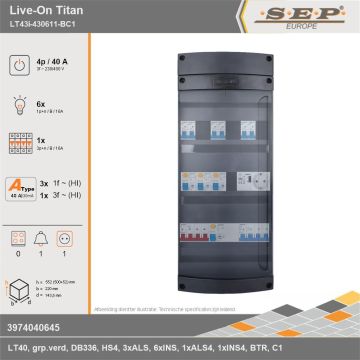 SEP Europe - Live-On Titan, LT43i-430611-BC1, 40A, 3-fase groepenkast, 6-lichtgroepen, 1-krachtgroepen, 1-beltrafo,  1V-contactdoos, technische gegevens
