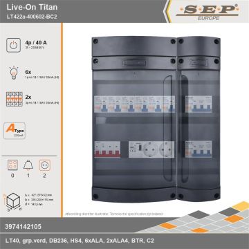 SEP Europe - Live-On Titan, LT422a-400602-BC2, 40A, 3-fase groepenkast, 6-lichtgroepen, 2-krachtgroepen, 1-beltrafo,  2V-contactdoos, technische gegevens