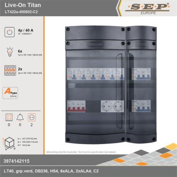 SEP Europe - Live-On Titan, LT422a-400602-C2, 40A, 3-fase groepenkast, 6-lichtgroepen, 2-krachtgroepen,  2V-contactdoos, technische gegevens