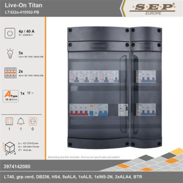 SEP Europe - Live-On Titan, LT422a-410502-FB, 40A, 3-fase groepenkast, 5-lichtgroepen, 2-krachtgroepen, 1-fornuisgroep, 1-beltrafo, technische gegevens