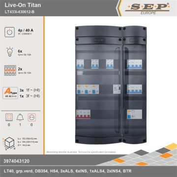 SEP Europe - Live-On Titan, LT433i-430612-B, 40A, 3-fase groepenkast, 6-lichtgroepen, 2-krachtgroepen, 1-beltrafo, technische gegevens