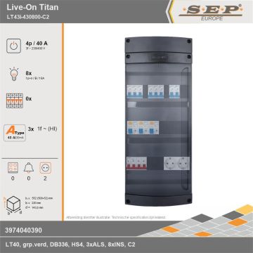 SEP Europe - Live-On Titan, LT43i-430800-C2, 40A, 3-fase groepenkast, 8-lichtgroepen,  2V-contactdoos, technische gegevens