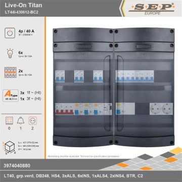 SEP Europe - Live-On Titan, LT44i-430612-BC2, 40A, 3-fase groepenkast, 6-lichtgroepen, 2-krachtgroepen, 1-beltrafo,  2V-contactdoos, technische gegevens