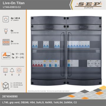 SEP Europe - Live-On Titan, LT44i-430612-C2, 40A, 3-fase groepenkast, 6-lichtgroepen, 2-krachtgroepen,  2V-contactdoos, technische gegevens