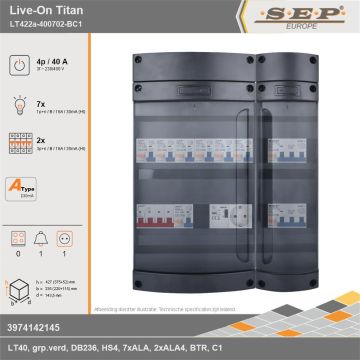 SEP Europe - Live-On Titan, LT422a-400702-BC1, 40A, 3-fase groepenkast, 7-lichtgroepen, 2-krachtgroepen, 1-beltrafo,  1V-contactdoos, technische gegevens