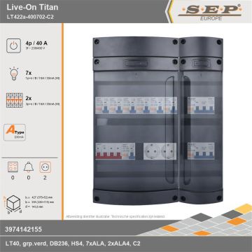 SEP Europe - Live-On Titan, LT422a-400702-C2, 40A, 3-fase groepenkast, 7-lichtgroepen, 2-krachtgroepen,  2V-contactdoos, technische gegevens