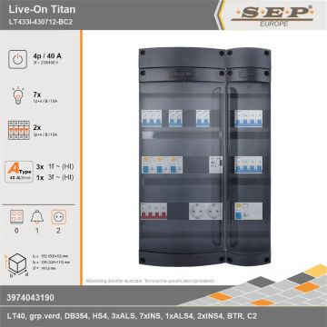 SEP Europe - Live-On Titan, LT433i-430712-BC2, 40A, 3-fase groepenkast, 7-lichtgroepen, 2-krachtgroepen, 1-beltrafo,  2V-contactdoos, technische gegevens