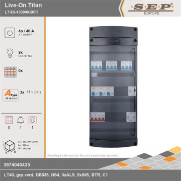 SEP Europe - Live-On Titan, LT43i-430900-BC1, 40A, 3-fase groepenkast, 9-lichtgroepen, 1-beltrafo,  1V-contactdoos, technische gegevens