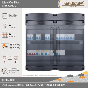 SEP Europe - Live-On Titan, LT44i-430712-B, 40A, 3-fase groepenkast, 7-lichtgroepen, 2-krachtgroepen, 1-beltrafo, technische gegevens