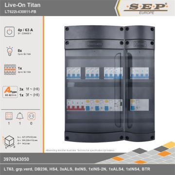 SEP Europe - Live-On Titan, LT622i-430811-FB, 63A, 3-fase groepenkast, 8-lichtgroepen, 1-krachtgroepen, 1-fornuisgroep, 1-beltrafo, technische gegevens