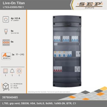 SEP Europe - Live-On Titan, LT63i-430900-FBC1, 63A, 3-fase groepenkast, 9-lichtgroepen, 1-fornuisgroep, 1-beltrafo,  1V-contactdoos, technische gegevens