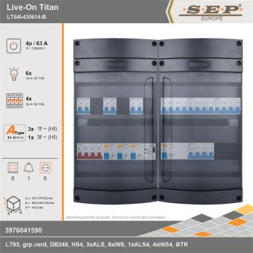 SEP Europe - Live-On Titan, LT64i-430614-B, 63A, 3-fase groepenkast, 6-lichtgroepen, 4-krachtgroepen, 1-beltrafo, technische gegevens