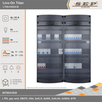 SEP Europe - Live-On Titan, LT66i-430624-B, 63A, 3-fase groepenkast, 6-lichtgroepen, 4-krachtgroepen, 1-beltrafo, technische gegevens