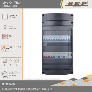 SEP Europe - Live-On Titan, LT62i-431100-B, 63A, 3-fase groepenkast, 11-lichtgroepen, 1-beltrafo, technische gegevens
