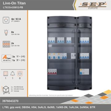 SEP Europe - Live-On Titan, LT633i-430812-FB, 63A, 3-fase groepenkast, 8-lichtgroepen, 2-krachtgroepen, 1-fornuisgroep, 1-beltrafo, technische gegevens