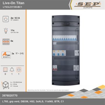 SEP Europe - Live-On Titan, LT63i-231100-BC1, 63A, 3-fase groepenkast, 11-lichtgroepen, 1-beltrafo,  1V-contactdoos, technische gegevens