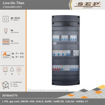 SEP Europe - Live-On Titan, LT63i-430911-FC1, 63A, 3-fase groepenkast, 9-lichtgroepen, 1-krachtgroepen, 1-fornuisgroep,  1V-contactdoos, technische gegevens