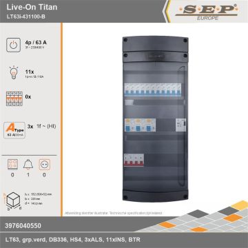 SEP Europe - Live-On Titan, LT63i-431100-B, 63A, 3-fase groepenkast, 11-lichtgroepen, 1-beltrafo, technische gegevens
