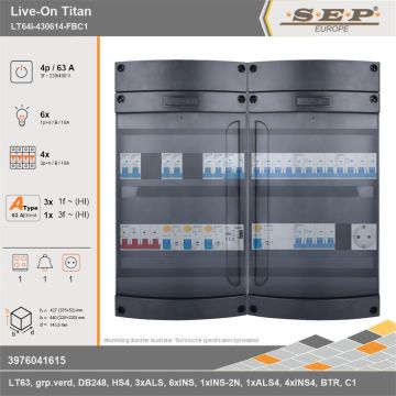 SEP Europe - Live-On Titan, LT64i-430614-FBC1, 63A, 3-fase groepenkast, 6-lichtgroepen, 4-krachtgroepen, 1-fornuisgroep, 1-beltrafo,  1V-contactdoos, technische gegevens