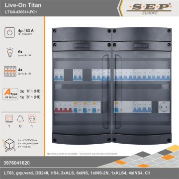 SEP Europe - Live-On Titan, LT64i-430614-FC1, 63A, 3-fase groepenkast, 6-lichtgroepen, 4-krachtgroepen, 1-fornuisgroep,  1V-contactdoos, technische gegevens