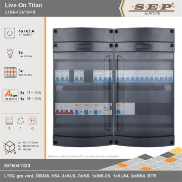 SEP Europe - Live-On Titan, LT64i-430713-FB, 63A, 3-fase groepenkast, 7-lichtgroepen, 3-krachtgroepen, 1-fornuisgroep, 1-beltrafo, technische gegevens