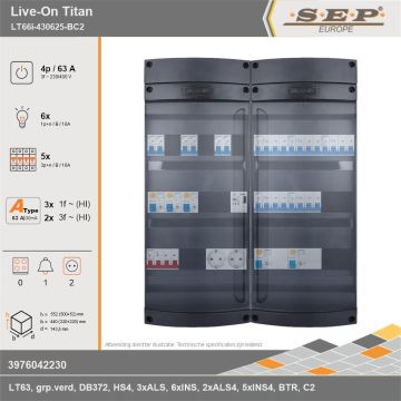 SEP Europe - Live-On Titan, LT66i-430625-BC2, 63A, 3-fase groepenkast, 6-lichtgroepen, 5-krachtgroepen, 1-beltrafo,  2V-contactdoos, technische gegevens