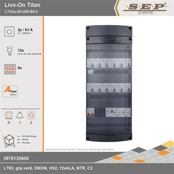 SEP Europe - Live-On Titan, LT63a-201200-BC2, 63A, 3-fase groepenkast, 12-lichtgroepen, 1-beltrafo,  2V-contactdoos, technische gegevens