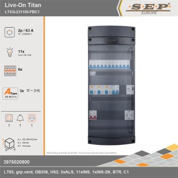 SEP Europe - Live-On Titan, LT63i-231100-FBC1, 63A, 3-fase groepenkast, 11-lichtgroepen, 1-fornuisgroep, 1-beltrafo,  1V-contactdoos, technische gegevens