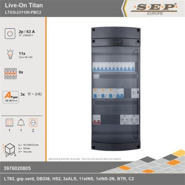 SEP Europe - Live-On Titan, LT63i-231100-FBC2, 63A, 3-fase groepenkast, 11-lichtgroepen, 1-fornuisgroep, 1-beltrafo,  2V-contactdoos, technische gegevens