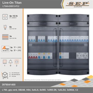 SEP Europe - Live-On Titan, LT64i-430813-FC2, 63A, 3-fase groepenkast, 8-lichtgroepen, 3-krachtgroepen, 1-fornuisgroep,  2V-contactdoos, technische gegevens