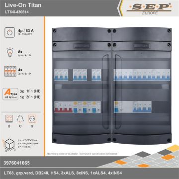 SEP Europe - Live-On Titan, LT64i-430814, 63A, 3-fase groepenkast, 8-lichtgroepen, 4-krachtgroepen, technische gegevens