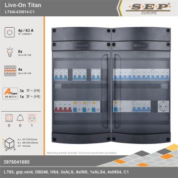 SEP Europe - Live-On Titan, LT64i-430814-C1, 63A, 3-fase groepenkast, 8-lichtgroepen, 4-krachtgroepen,  1V-contactdoos, technische gegevens