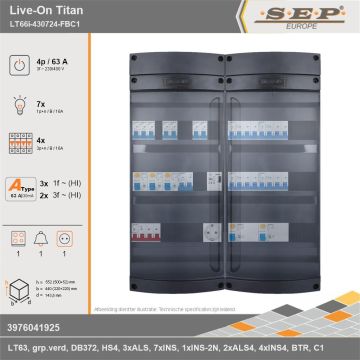 SEP Europe - Live-On Titan, LT66i-430724-FBC1, 63A, 3-fase groepenkast, 7-lichtgroepen, 4-krachtgroepen, 1-fornuisgroep, 1-beltrafo,  1V-contactdoos, technische gegevens