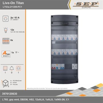 SEP Europe - Live-On Titan, LT63a-211200-FC1, 63A, 3-fase groepenkast, 12-lichtgroepen, 1-fornuisgroep,  1V-contactdoos, technische gegevens