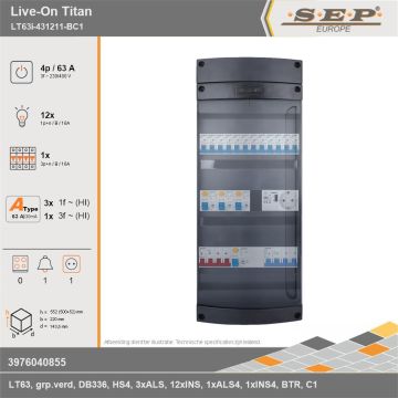 SEP Europe - Live-On Titan, LT63i-431211-BC1, 63A, 3-fase groepenkast, 12-lichtgroepen, 1-krachtgroepen, 1-beltrafo,  1V-contactdoos, technische gegevens