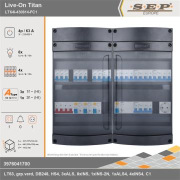 SEP Europe - Live-On Titan, LT64i-430814-FC1, 63A, 3-fase groepenkast, 8-lichtgroepen, 4-krachtgroepen, 1-fornuisgroep,  1V-contactdoos, technische gegevens