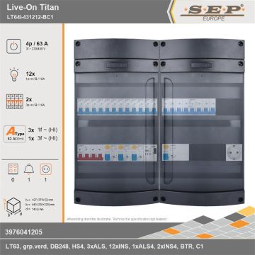 SEP Europe - Live-On Titan, LT64i-431212-BC1, 63A, 3-fase groepenkast, 12-lichtgroepen, 2-krachtgroepen, 1-beltrafo,  1V-contactdoos, technische gegevens