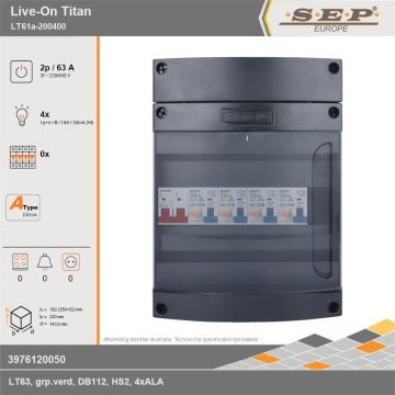 SEP Europe - Live-On Titan, LT61a-200400, 63A, 3-fase groepenkast, 4-lichtgroepen, technische gegevens
